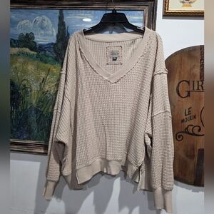 American Eagle Outfitters Cream V-Neck Waffle Sweater